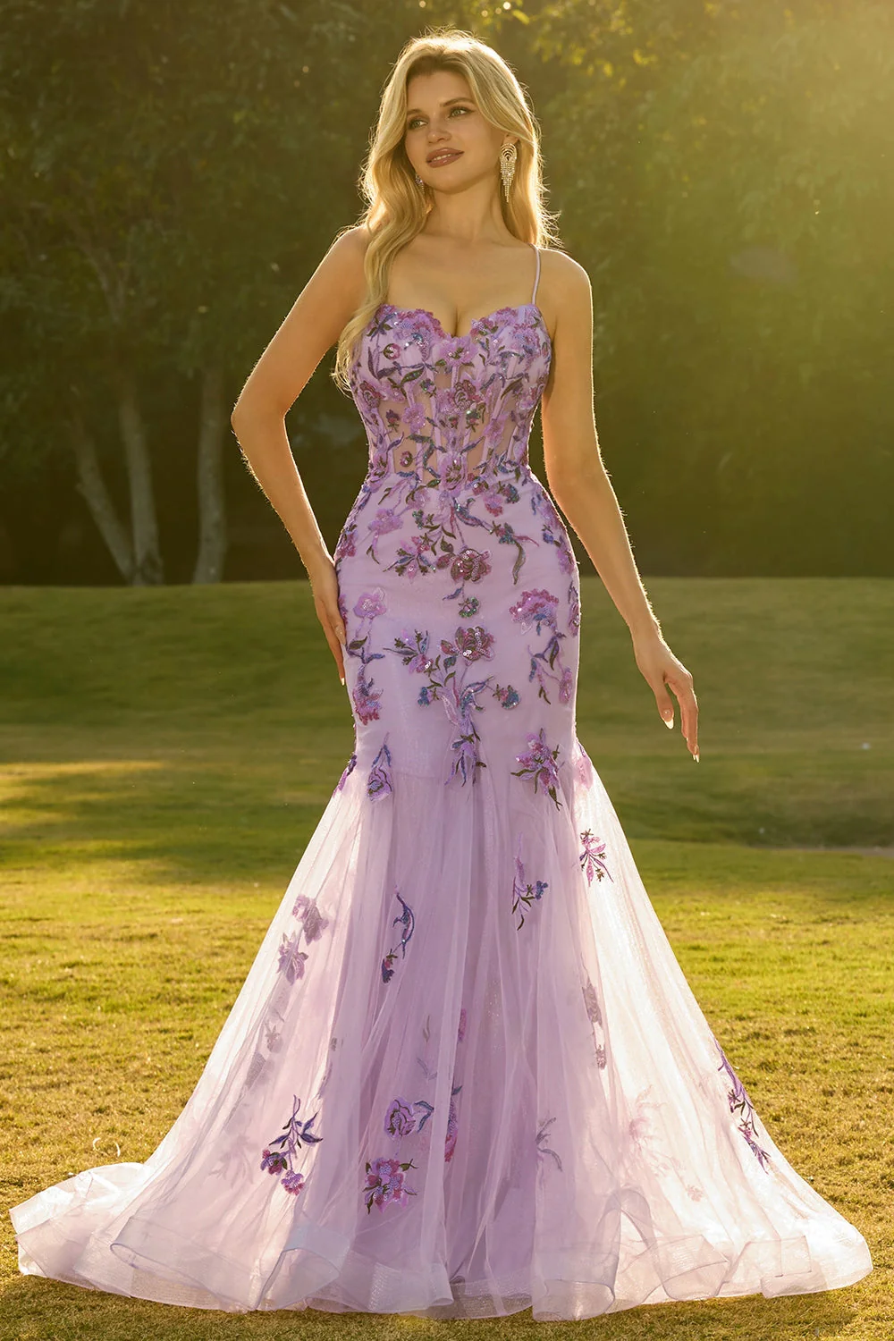 Purple Mermaid Sheer Corset Beaded Sequin Long Prom Dress with Lace Up Back - Image 4