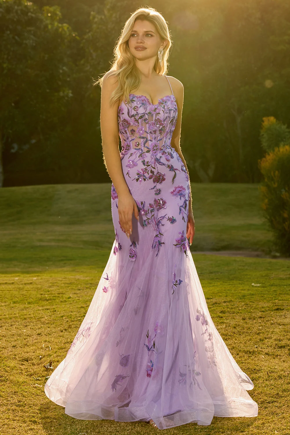 Purple Mermaid Sheer Corset Beaded Sequin Long Prom Dress with Lace Up Back - Image 6