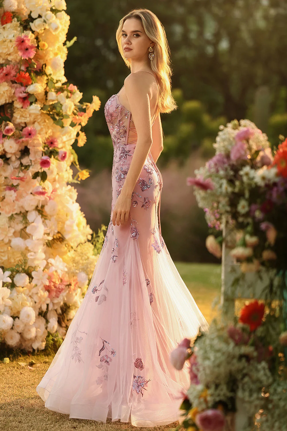 Purple Mermaid Sheer Corset Beaded Sequin Long Prom Dress with Lace Up Back - Image 9