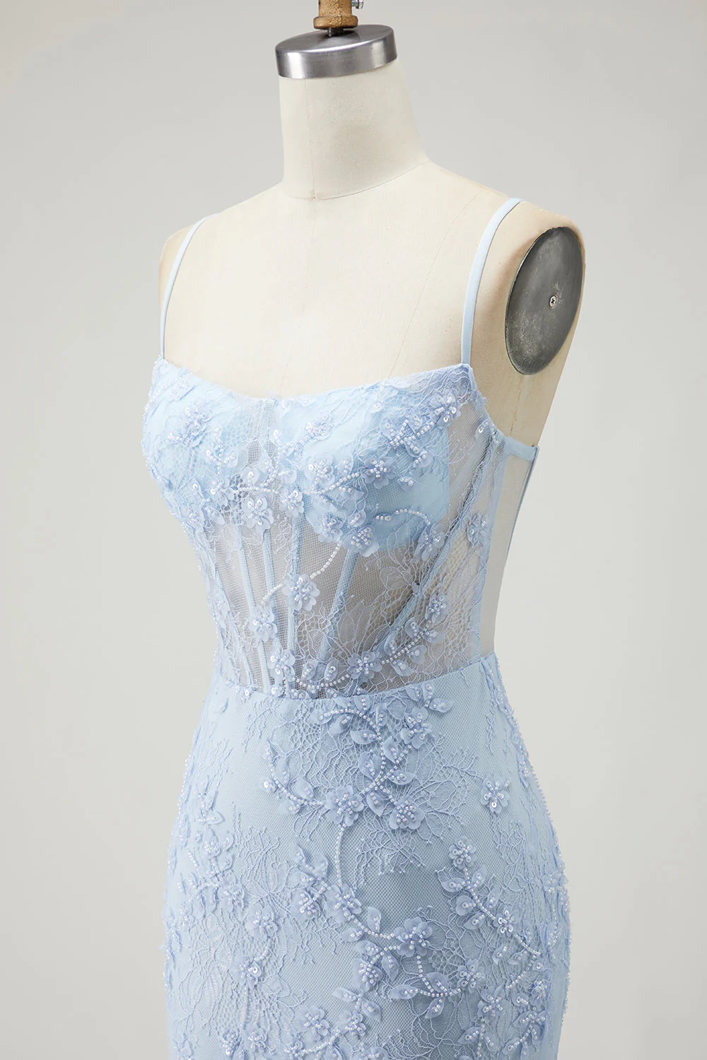 Purple Mermaid Sheer Corset Spaghetti Straps Lace Beaded Long Prom Dress with Slit - Image 12