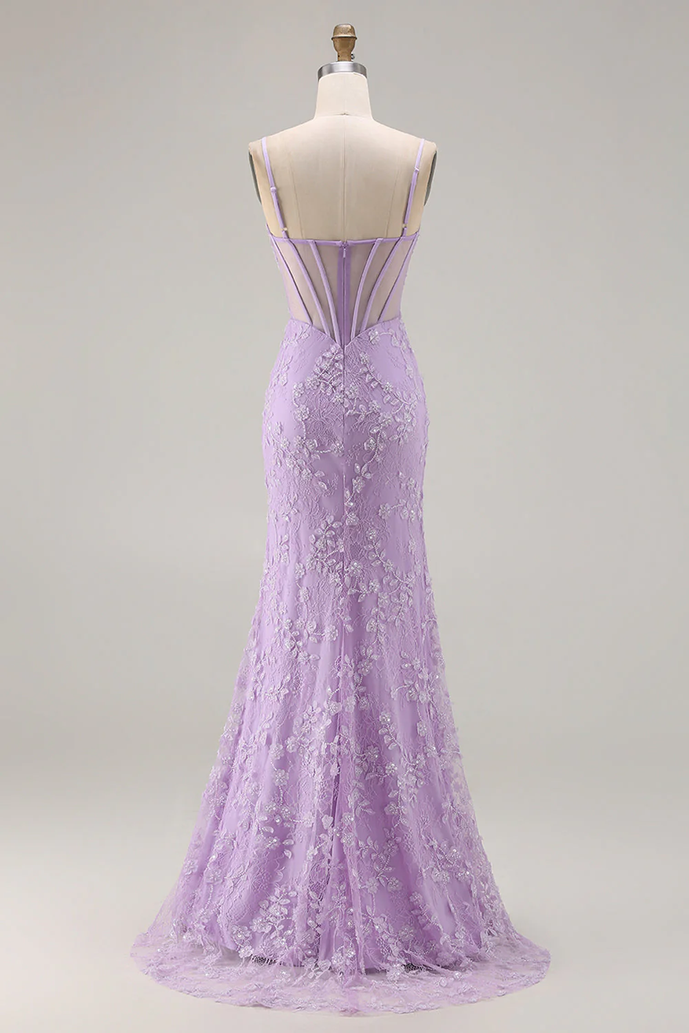 Purple Mermaid Sheer Corset Spaghetti Straps Lace Beaded Long Prom Dress with Slit - Image 2