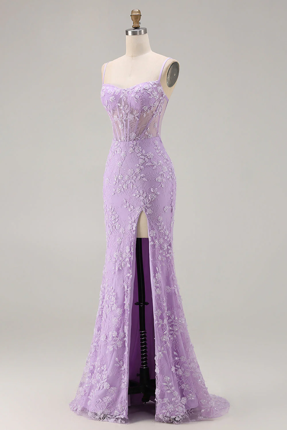 Purple Mermaid Sheer Corset Spaghetti Straps Lace Beaded Long Prom Dress with Slit - Image 3