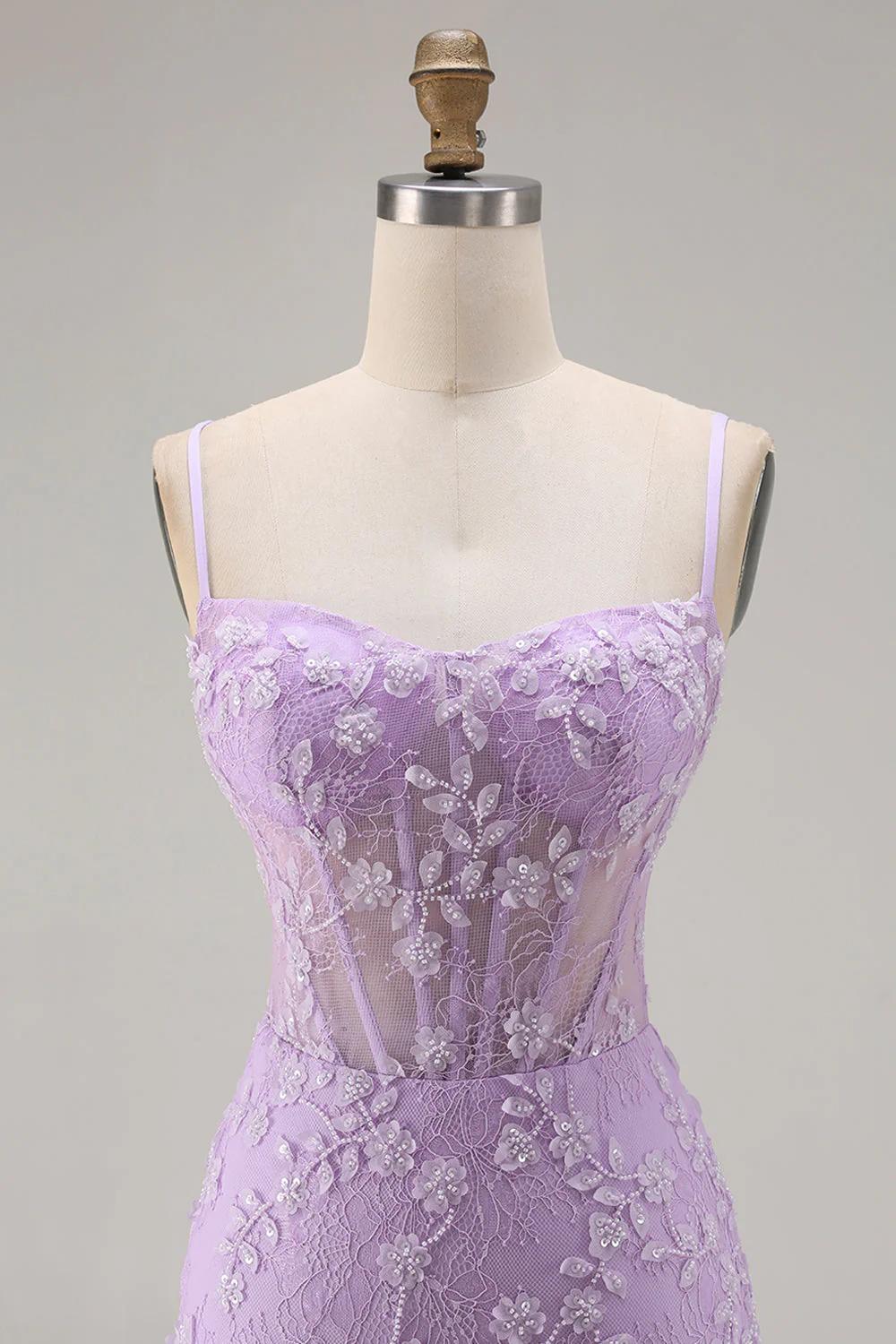 Purple Mermaid Sheer Corset Spaghetti Straps Lace Beaded Long Prom Dress with Slit - Image 4