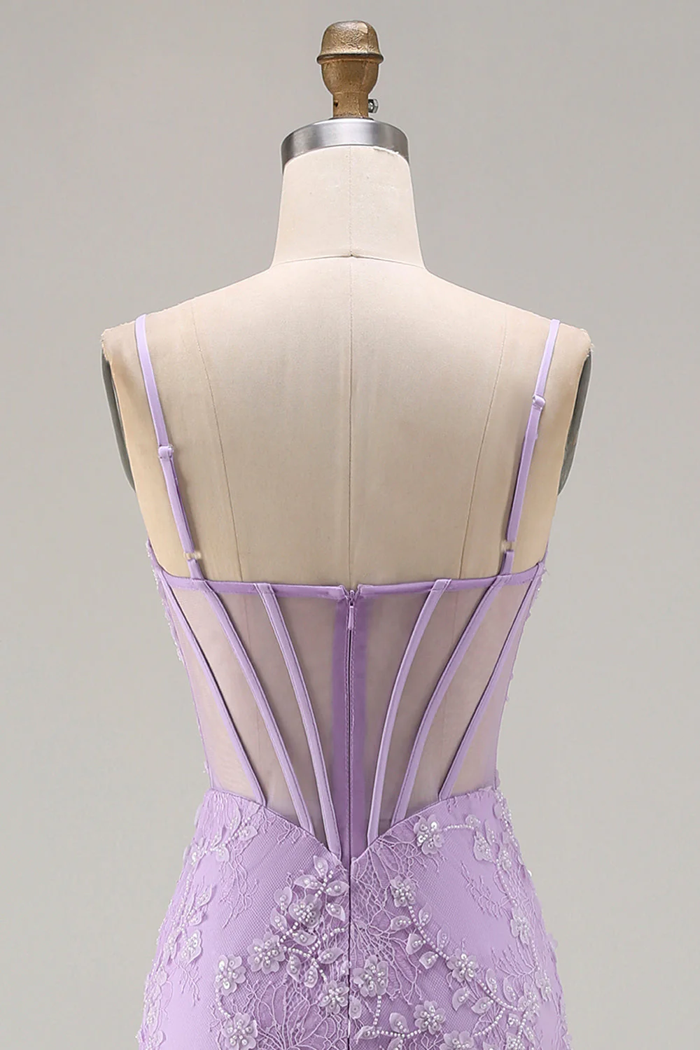 Purple Mermaid Sheer Corset Spaghetti Straps Lace Beaded Long Prom Dress with Slit - Image 5