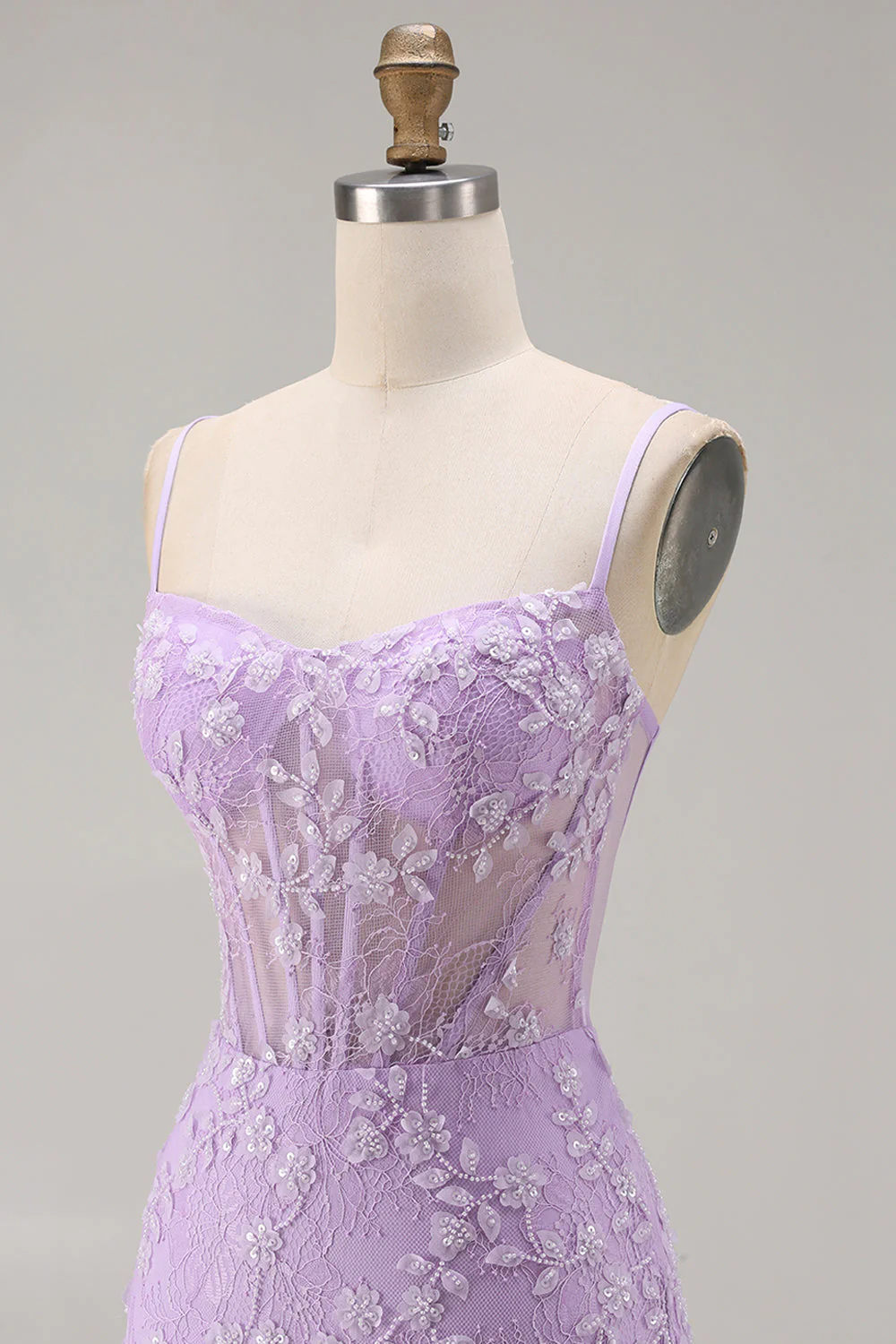 Purple Mermaid Sheer Corset Spaghetti Straps Lace Beaded Long Prom Dress with Slit - Image 6