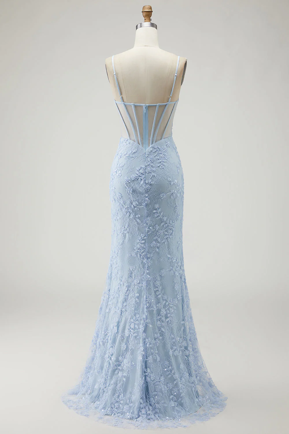 Purple Mermaid Sheer Corset Spaghetti Straps Lace Beaded Long Prom Dress with Slit - Image 8