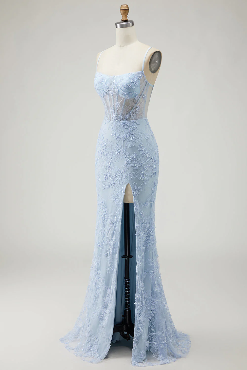 Purple Mermaid Sheer Corset Spaghetti Straps Lace Beaded Long Prom Dress with Slit - Image 9