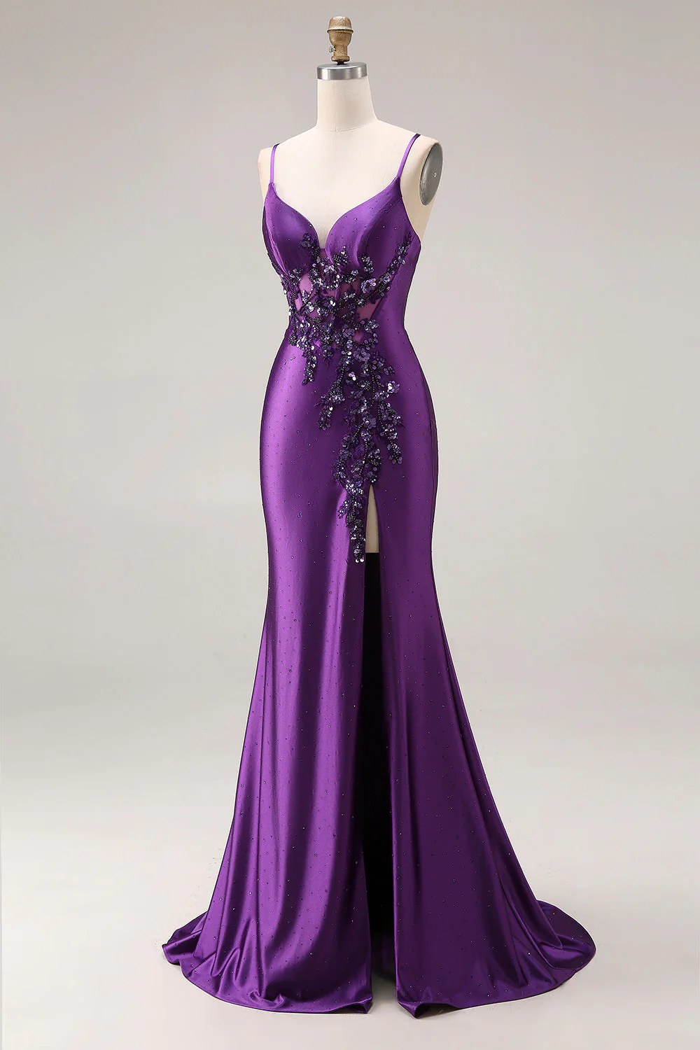 Purple Mermaid Spaghetti Straps Beaded Long Prom Dress with Slit - Image 3