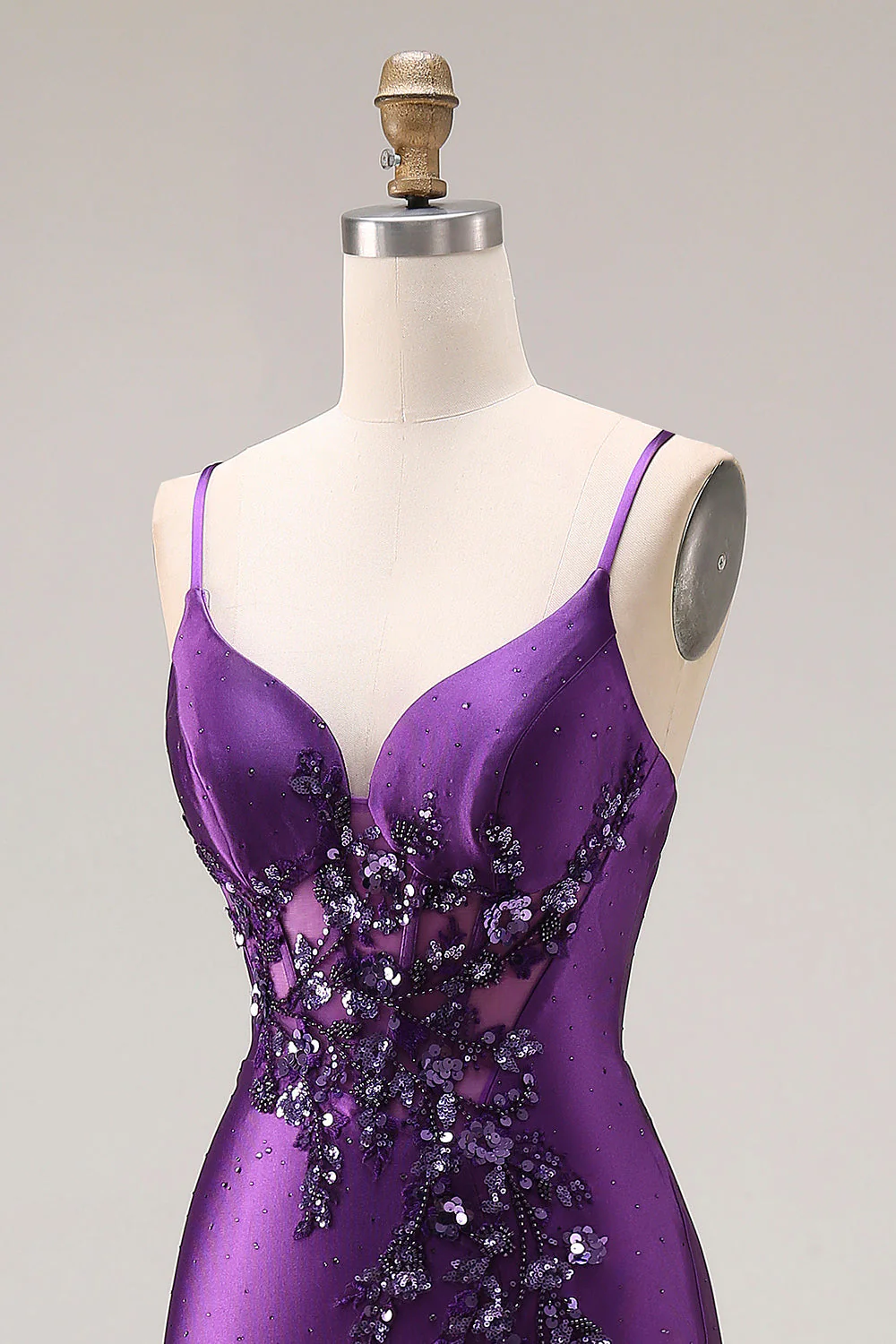 Purple Mermaid Spaghetti Straps Beaded Long Prom Dress with Slit - Image 6