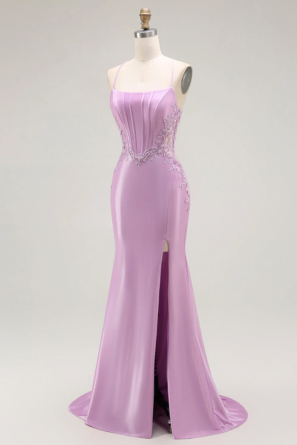 Purple Mermaid Spaghetti Straps Corset Long Prom Dress with Slit - Image 3