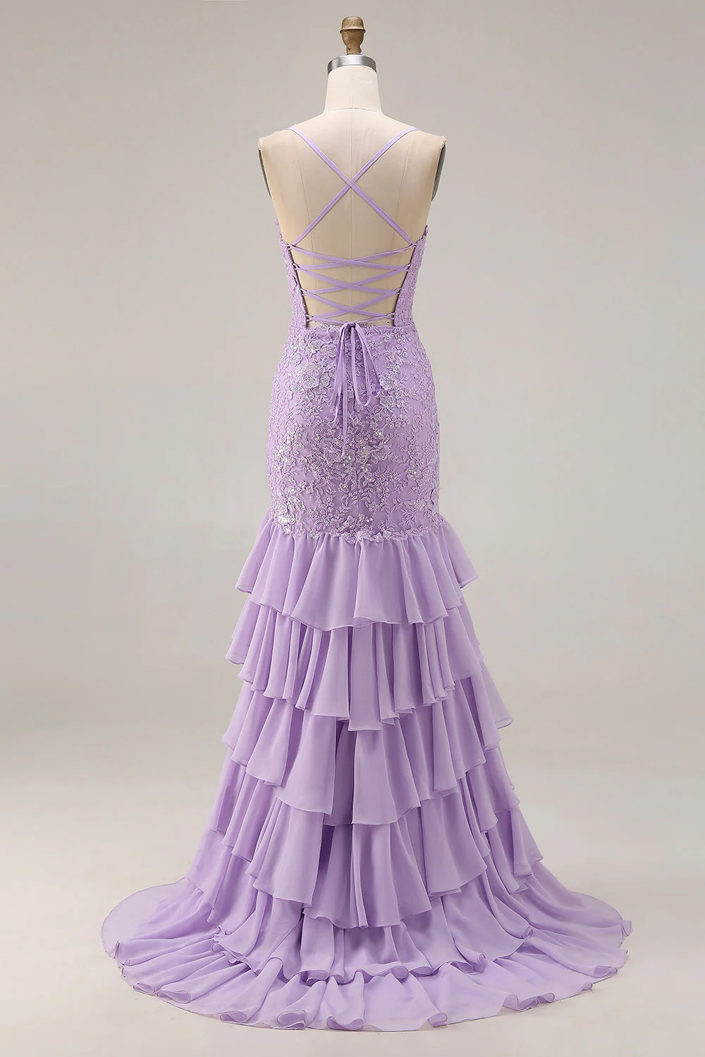 Purple Mermaid Spaghetti Straps Lace Up Back Long Prom Dress with Ruffled Slit - Image 2