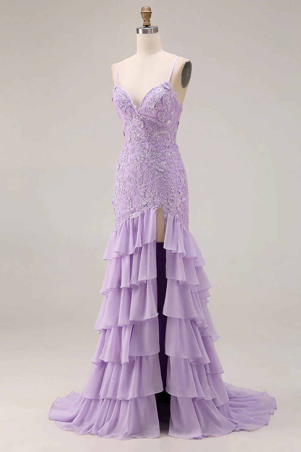 Purple Mermaid Spaghetti Straps Lace Up Back Long Prom Dress with Ruffled Slit - Image 3