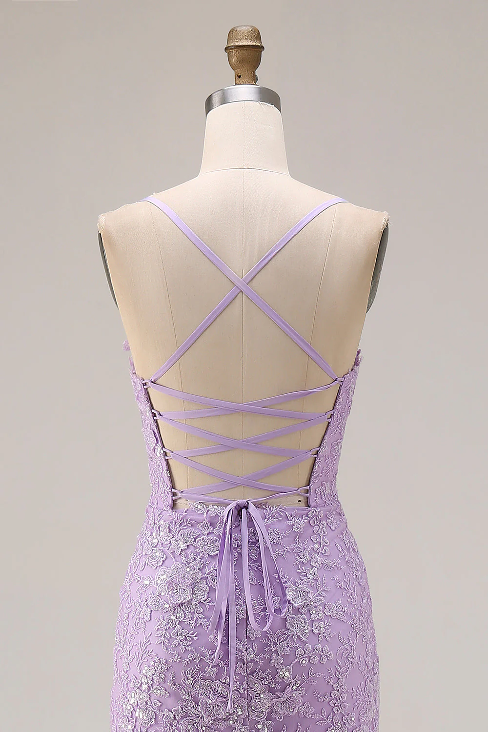 Purple Mermaid Spaghetti Straps Lace Up Back Long Prom Dress with Ruffled Slit - Image 5