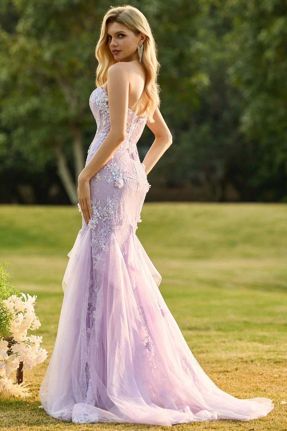 Purple Mermaid Strapless Lace Corset Long Prom Dress with 3D Flowers - Image 2