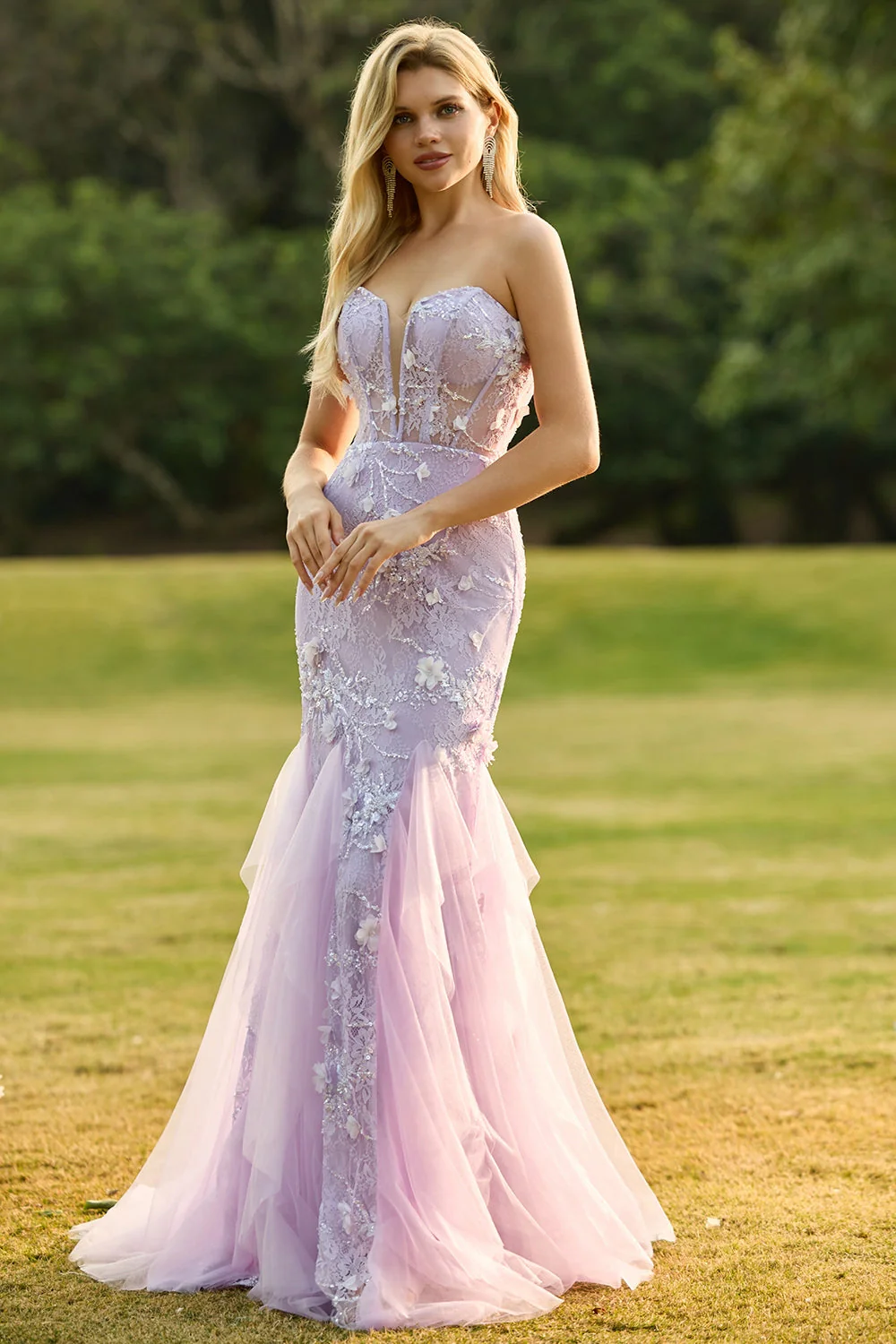 Purple Mermaid Strapless Lace Corset Long Prom Dress with 3D Flowers - Image 3