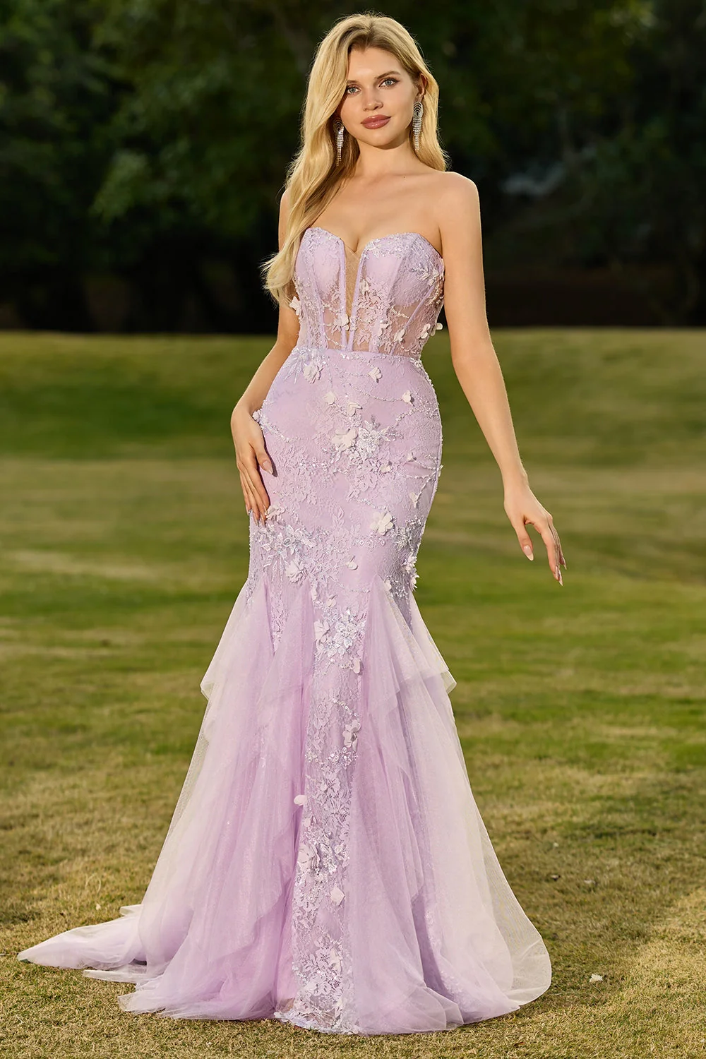 Purple Mermaid Strapless Lace Corset Long Prom Dress with 3D Flowers - Image 5