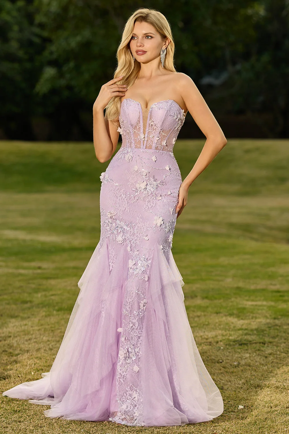 Purple Mermaid Strapless Lace Corset Long Prom Dress with 3D Flowers - Image 6