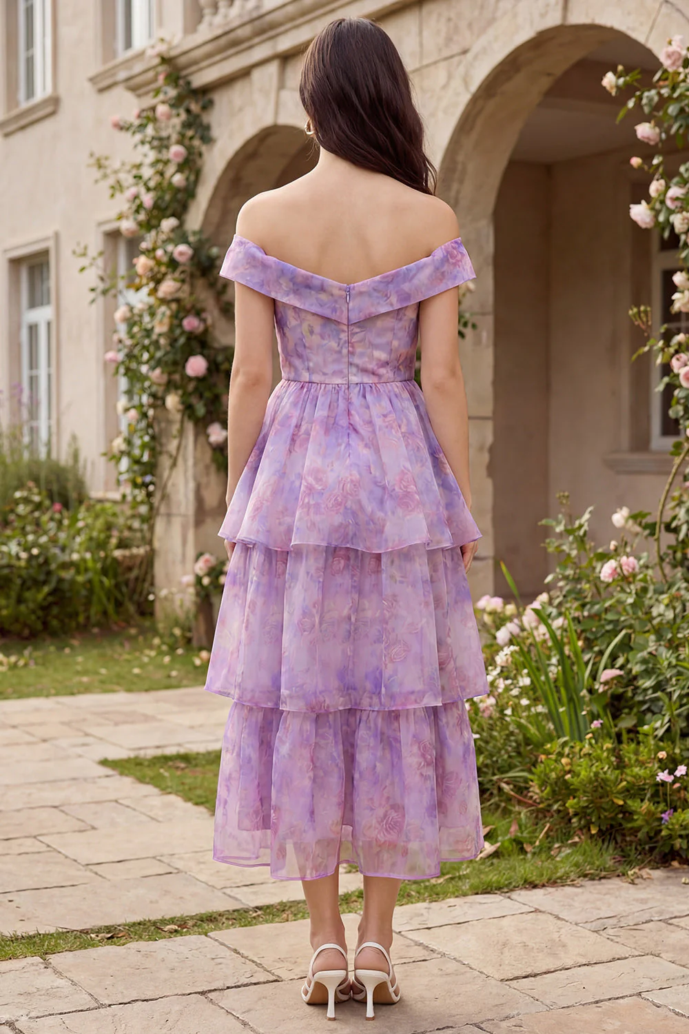 Purple Off the Shoulder A-Line Tiered Tulle Midi Dress - Image 2