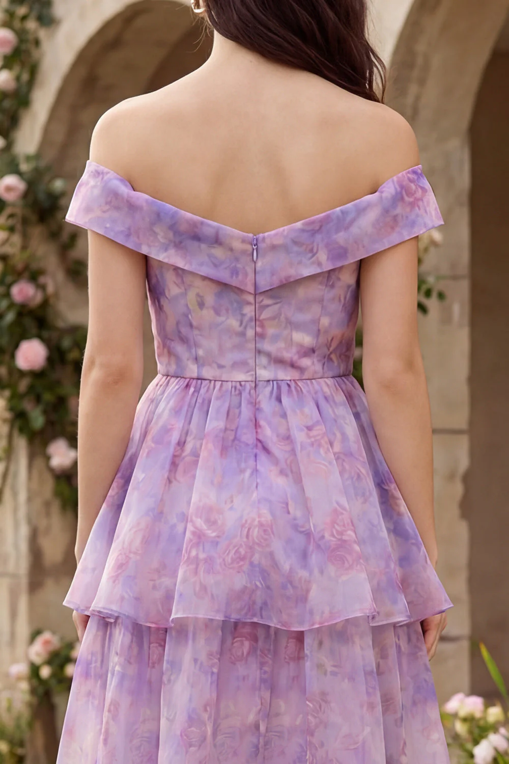 Purple Off the Shoulder A-Line Tiered Tulle Midi Dress - Image 4