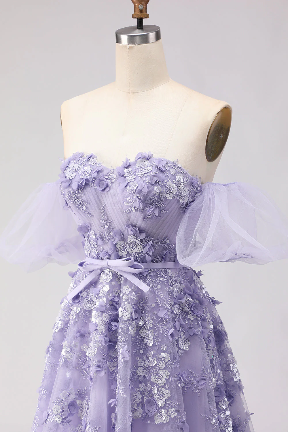 Purple Off The Shoulder Beaded A-Line Tulle Long Prom Dress with Removable Sleeves - Image 9