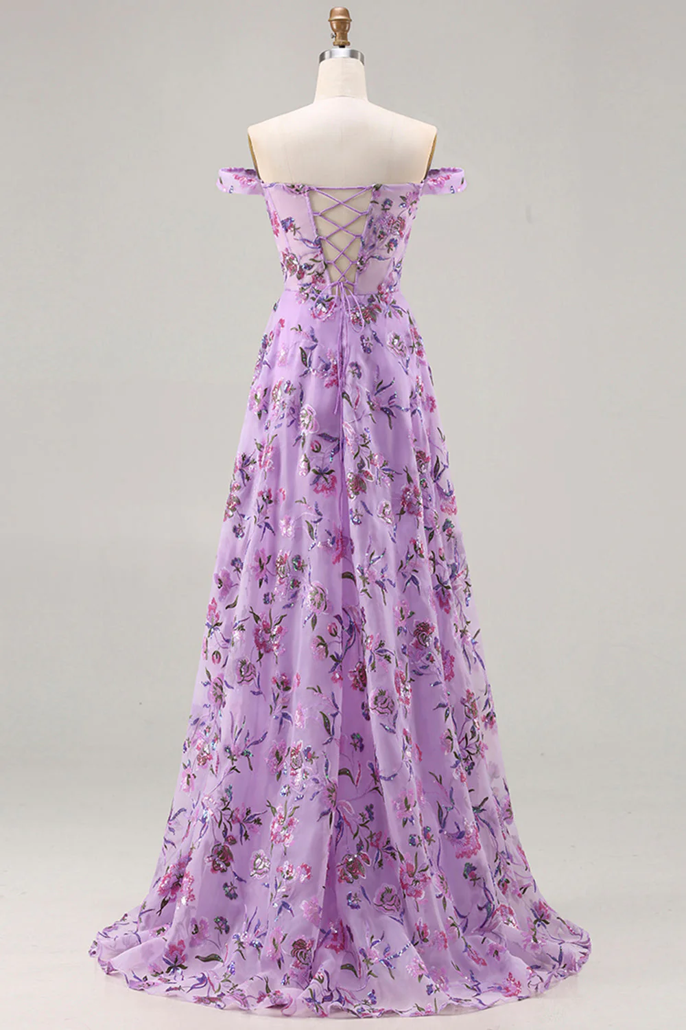 Purple Off The Shoulder Floral A-Line Sequin Long Prom Dress with Slit - Image 2