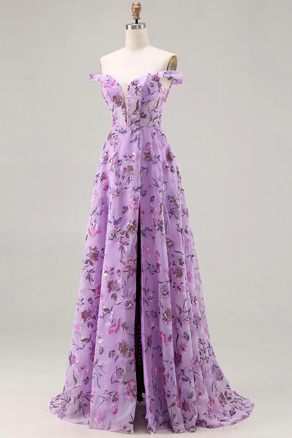 Purple Off The Shoulder Floral A-Line Sequin Long Prom Dress with Slit - Image 3