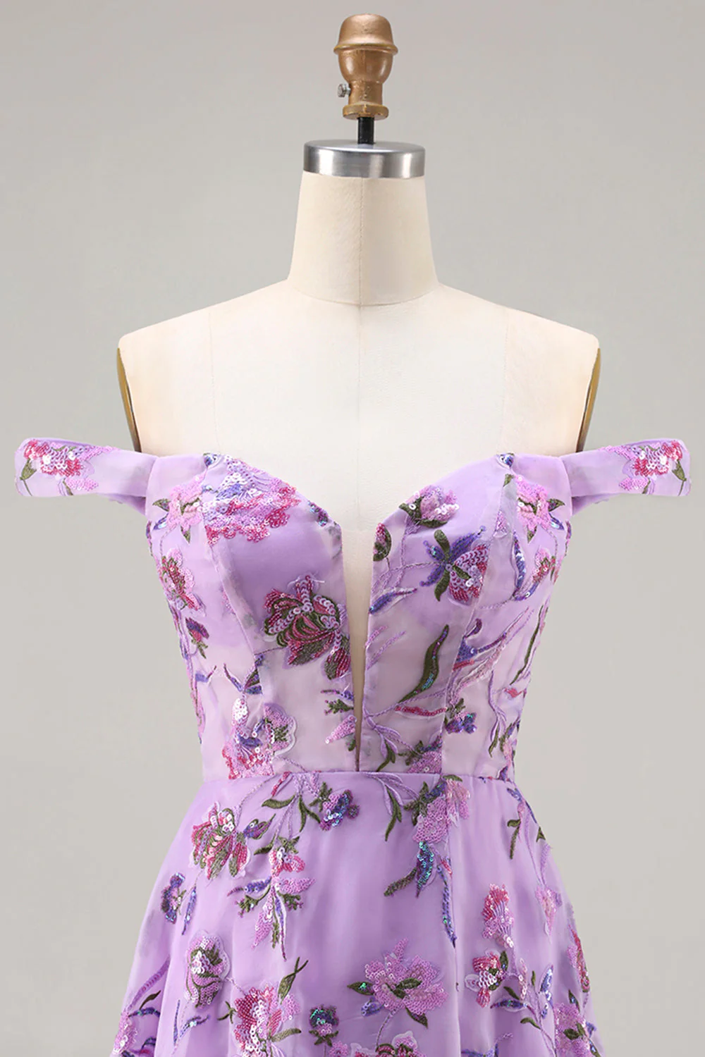 Purple Off The Shoulder Floral A-Line Sequin Long Prom Dress with Slit - Image 4