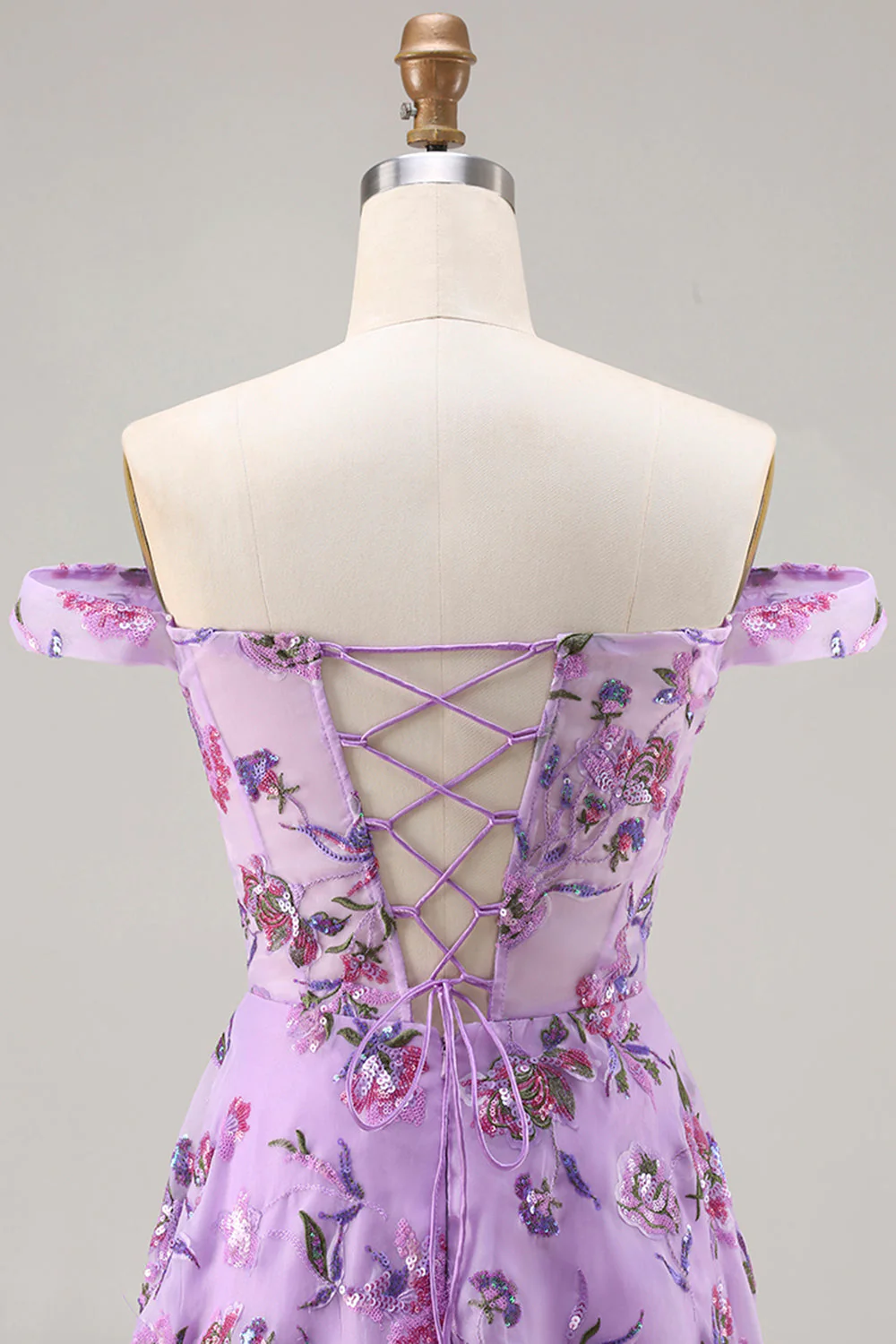 Purple Off The Shoulder Floral A-Line Sequin Long Prom Dress with Slit - Image 5