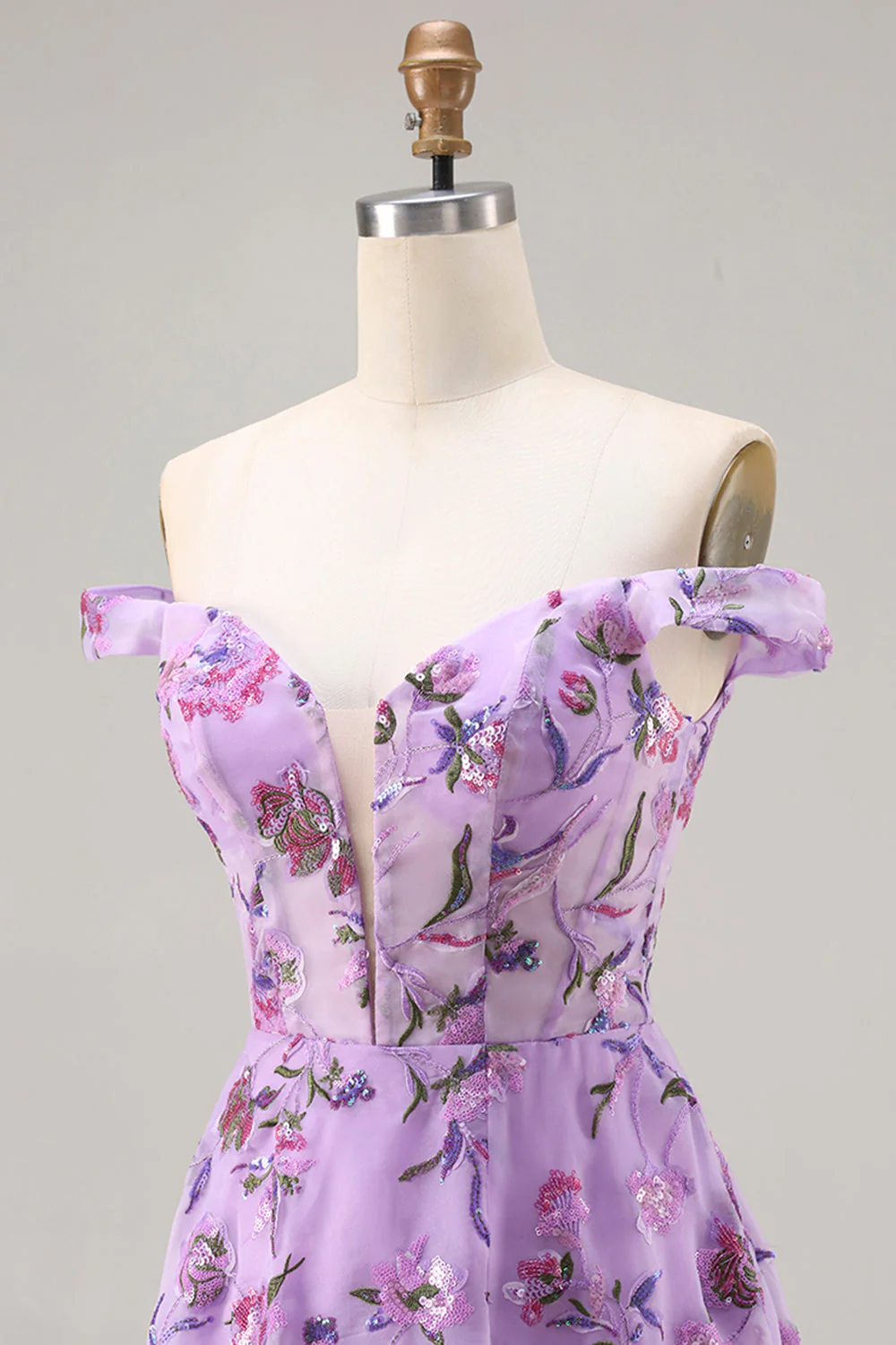 Purple Off The Shoulder Floral A-Line Sequin Long Prom Dress with Slit - Image 6