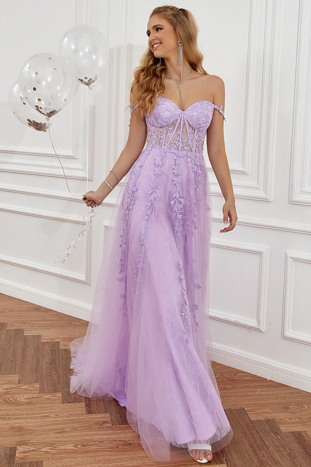 Purple Off the Shoulder Long Prom Dress with Appliques - Image 3