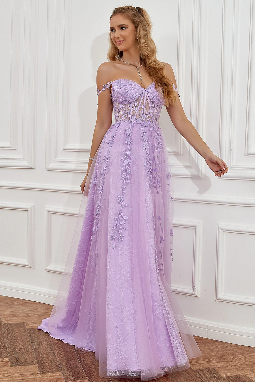 Purple Off the Shoulder Long Prom Dress with Appliques - Image 6