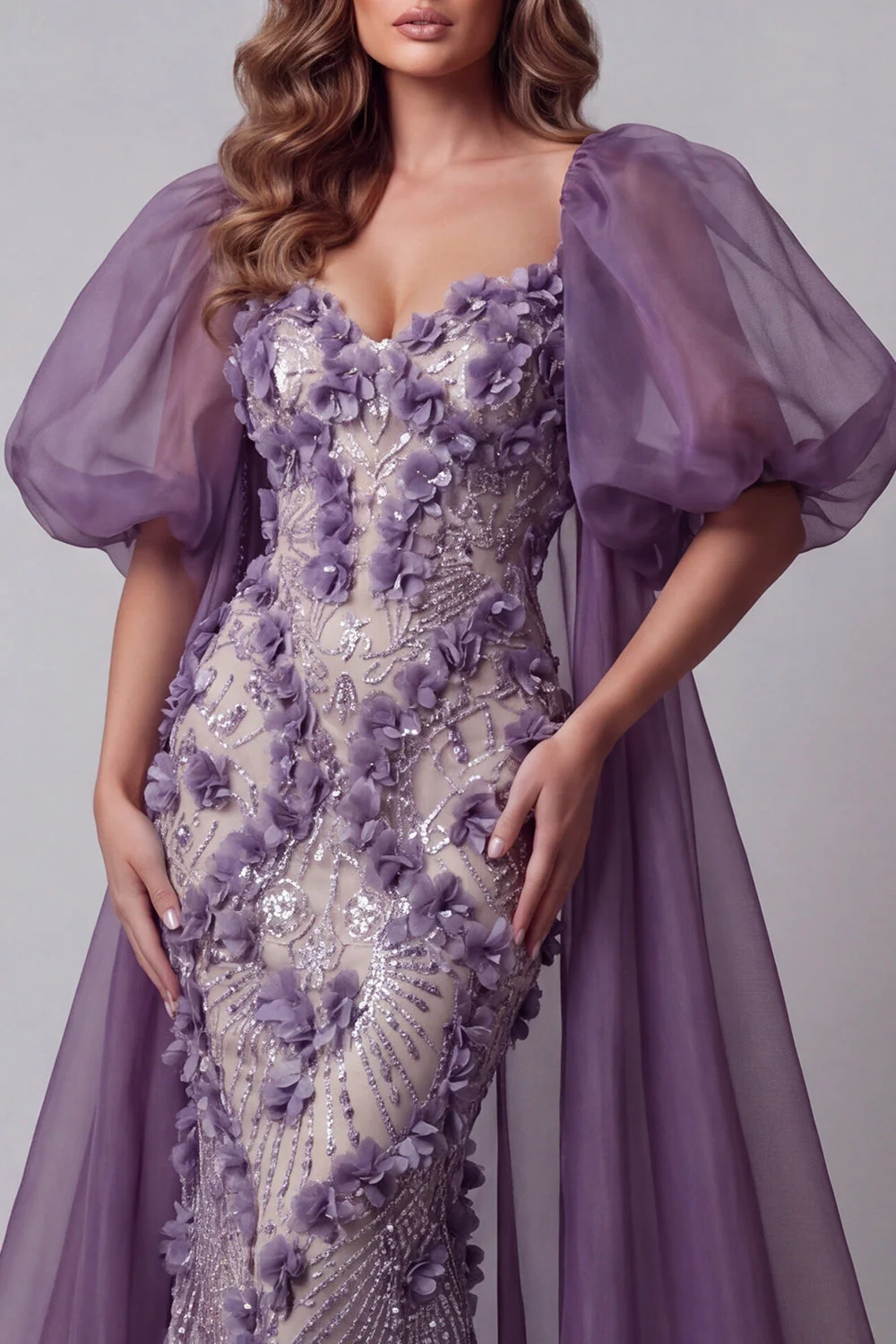 Purple Mermaid Sequins Puff Sleeves Long Evening Dress with 3D Flowers - Image 3
