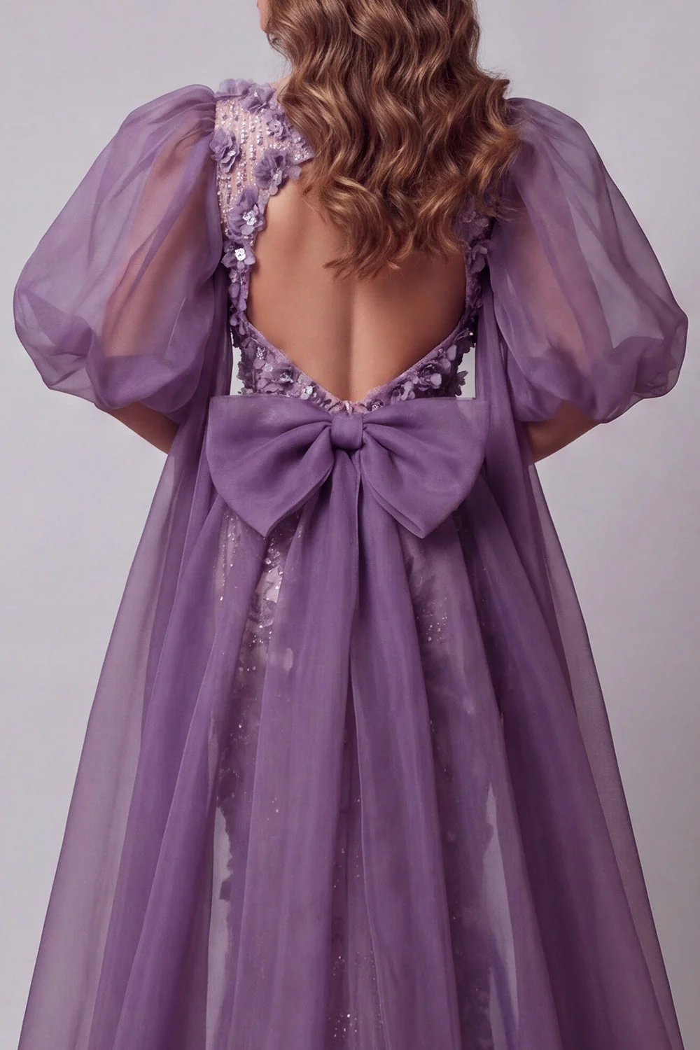 Purple Mermaid Sequins Puff Sleeves Long Evening Dress with 3D Flowers - Image 4