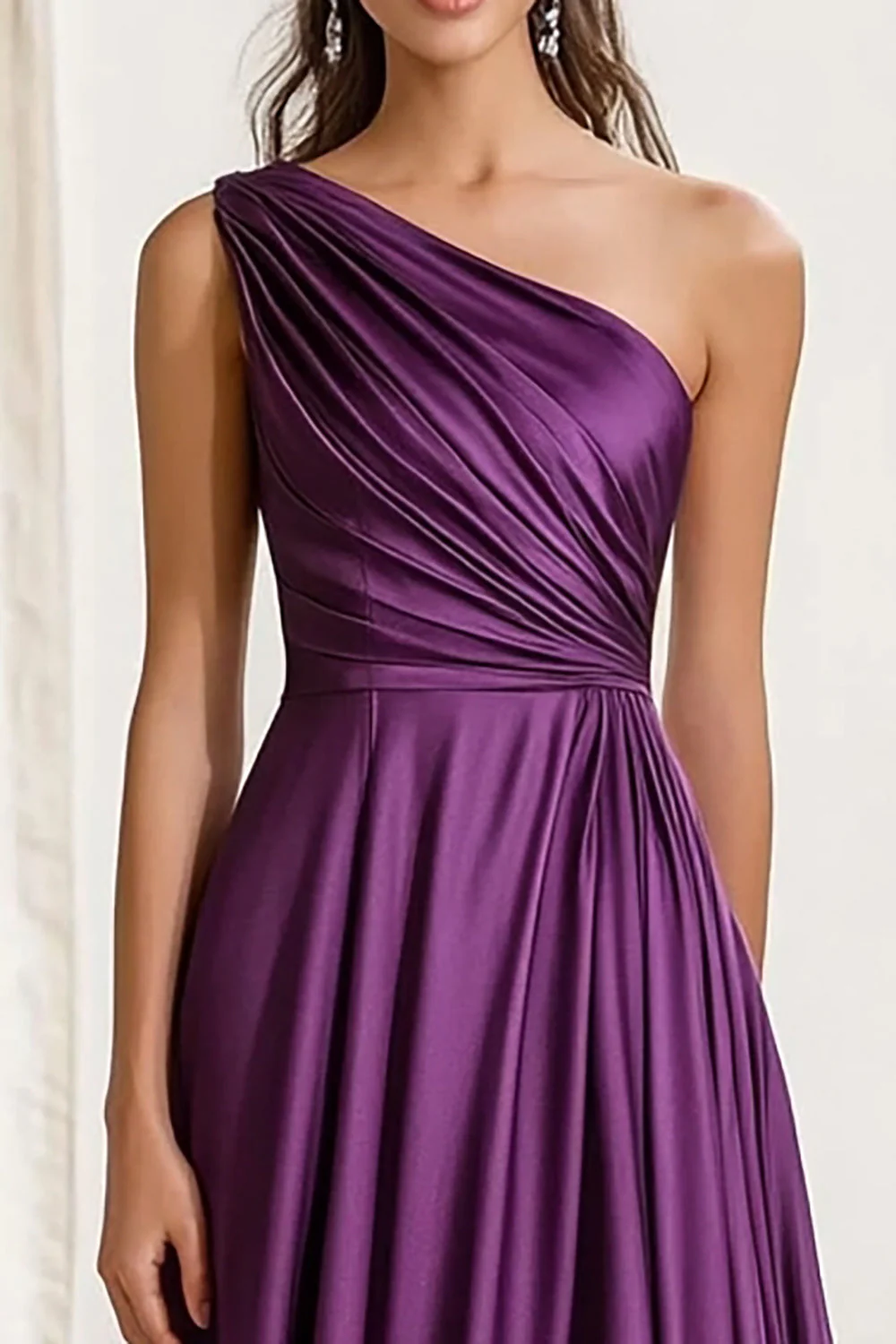 Purple Ruched One Shoulder A Line Long Formal Dress - Image 2