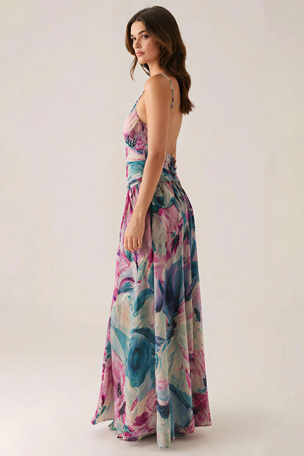 Purple Spaghetti Straps Printed Formal Dress - Image 2