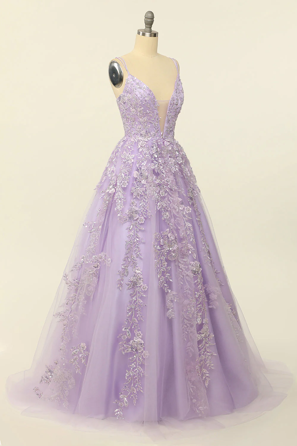 Purple Spaghetti Straps Prom Dress With Appliques - Image 3