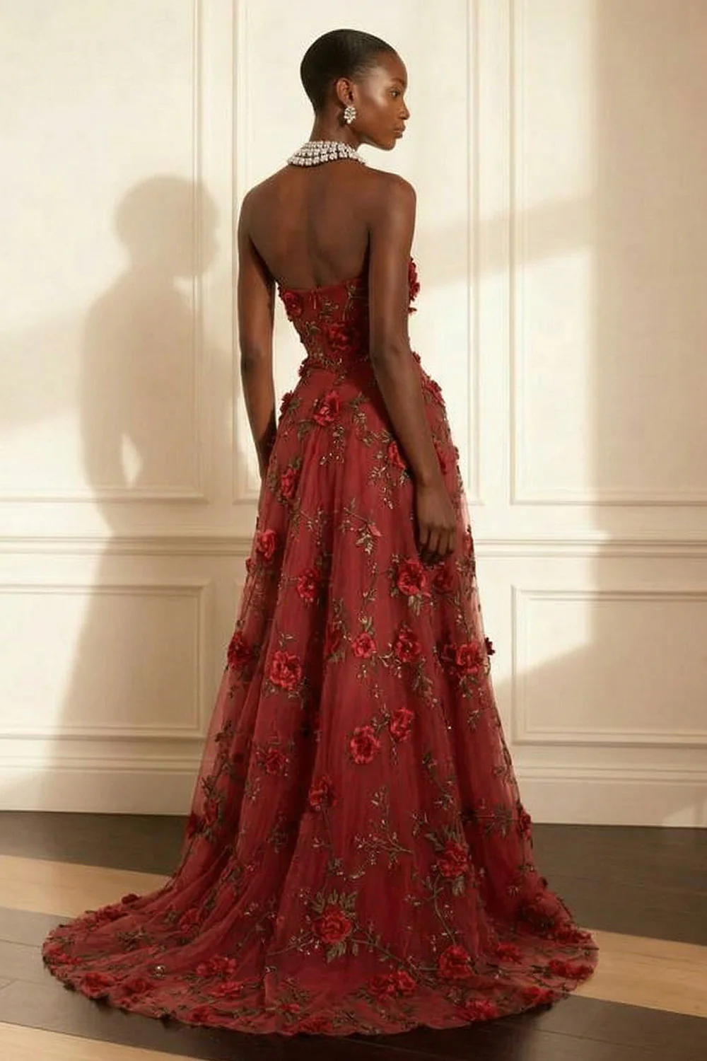 Purple Strapless Appliqued A-Line Long Prom Dress With 3D Flowers - Image 10