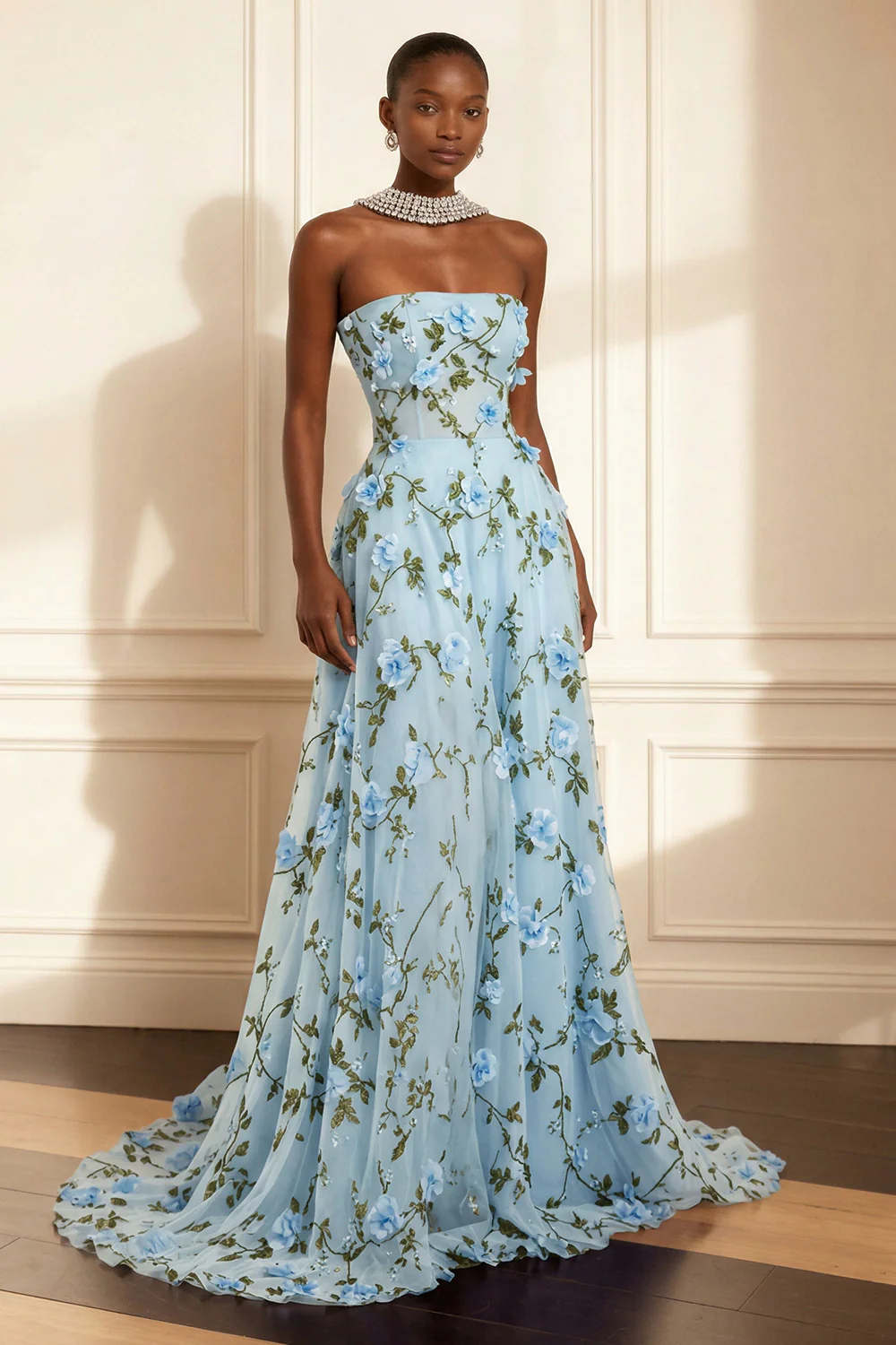 Purple Strapless Appliqued A-Line Long Prom Dress With 3D Flowers - Image 11