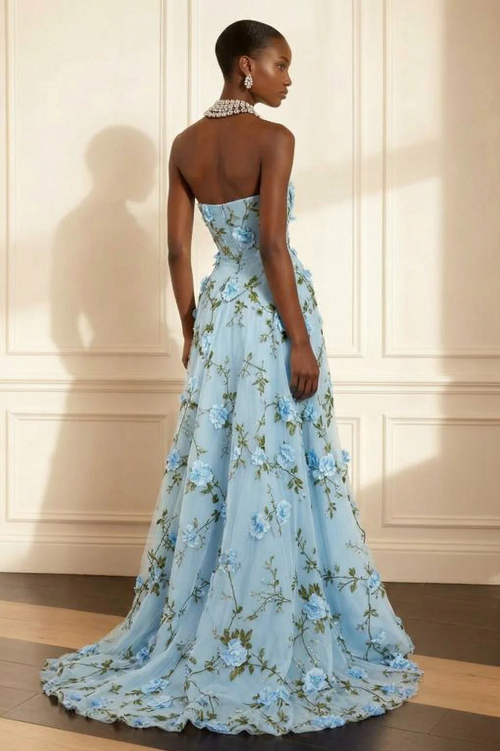 Purple Strapless Appliqued A-Line Long Prom Dress With 3D Flowers - Image 12