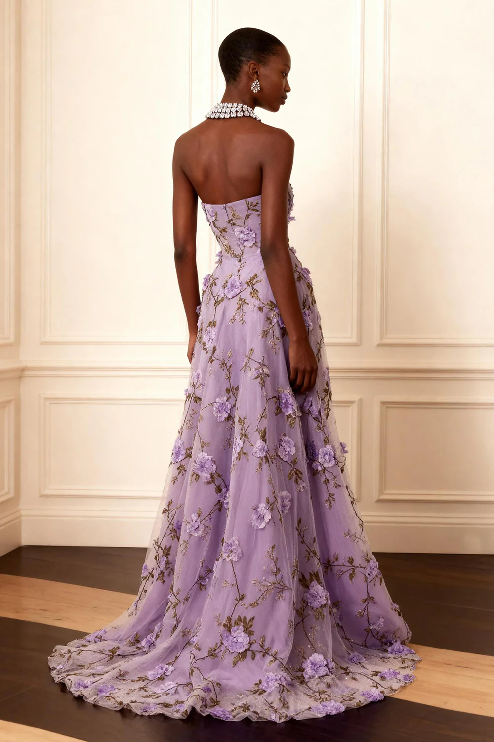 Purple Strapless Appliqued A-Line Long Prom Dress With 3D Flowers - Image 2