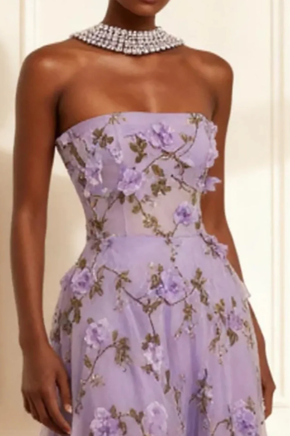 Purple Strapless Appliqued A-Line Long Prom Dress With 3D Flowers - Image 3