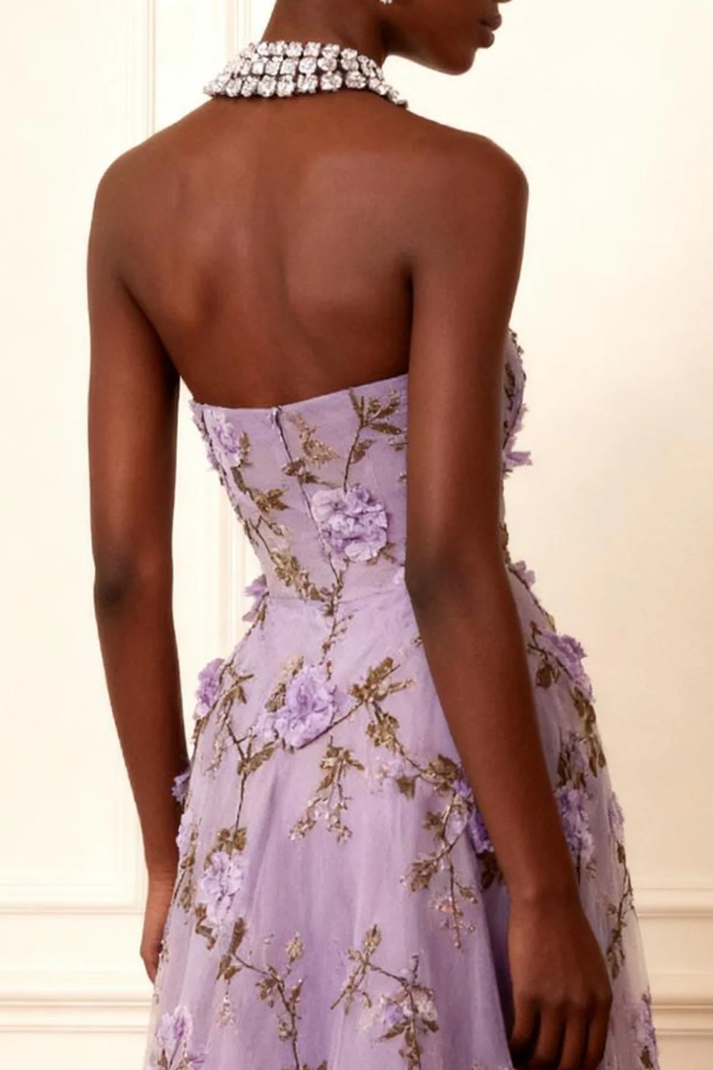 Purple Strapless Appliqued A-Line Long Prom Dress With 3D Flowers - Image 4