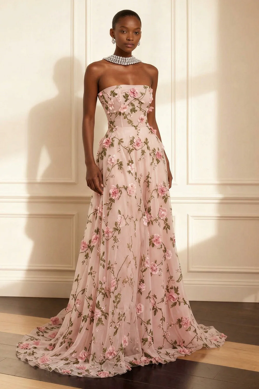 Purple Strapless Appliqued A-Line Long Prom Dress With 3D Flowers - Image 5