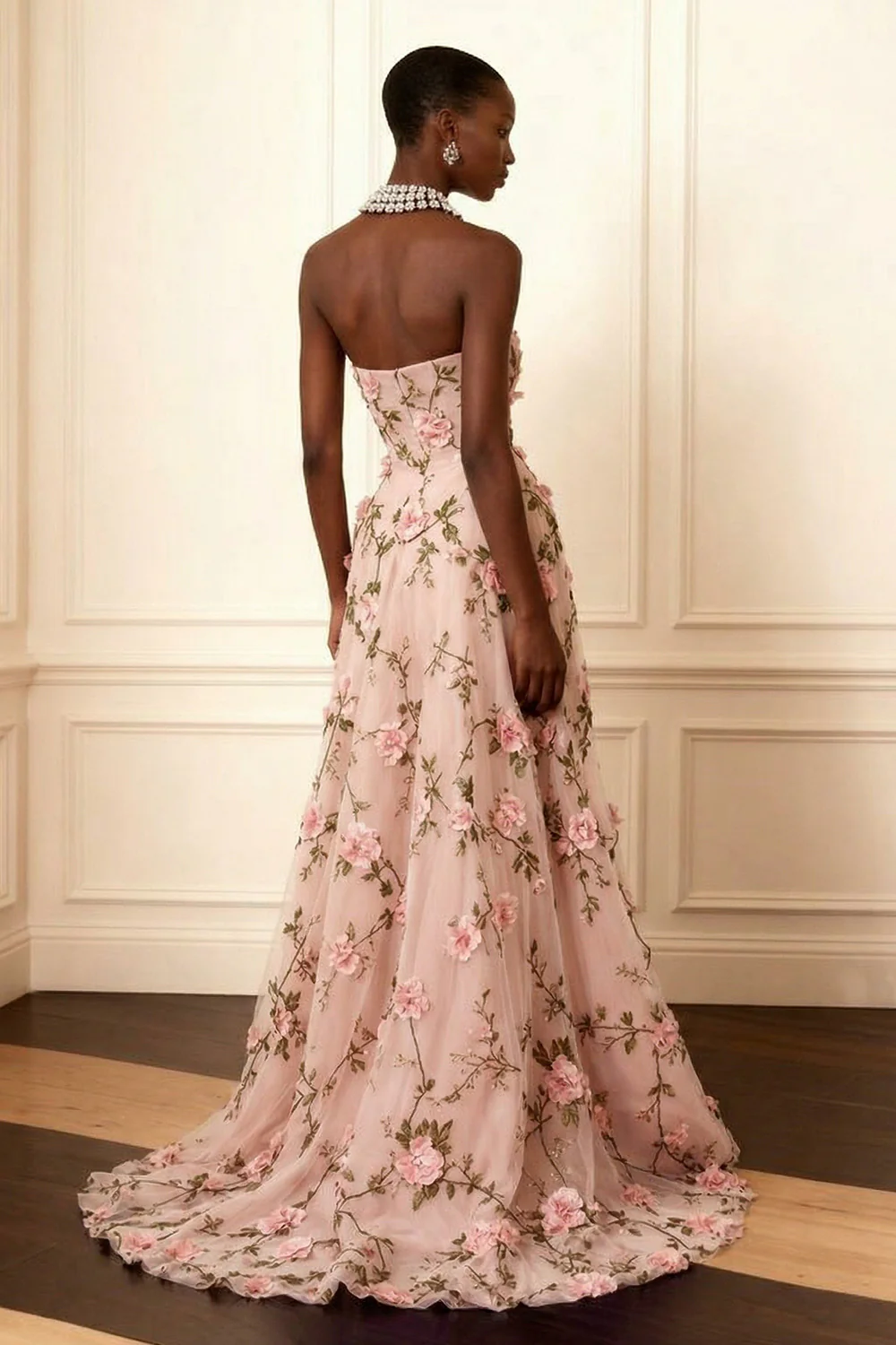 Purple Strapless Appliqued A-Line Long Prom Dress With 3D Flowers - Image 6