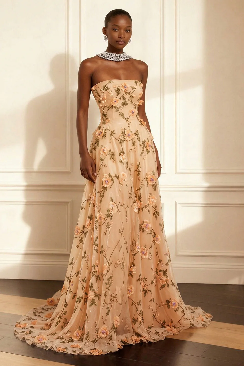 Purple Strapless Appliqued A-Line Long Prom Dress With 3D Flowers - Image 7