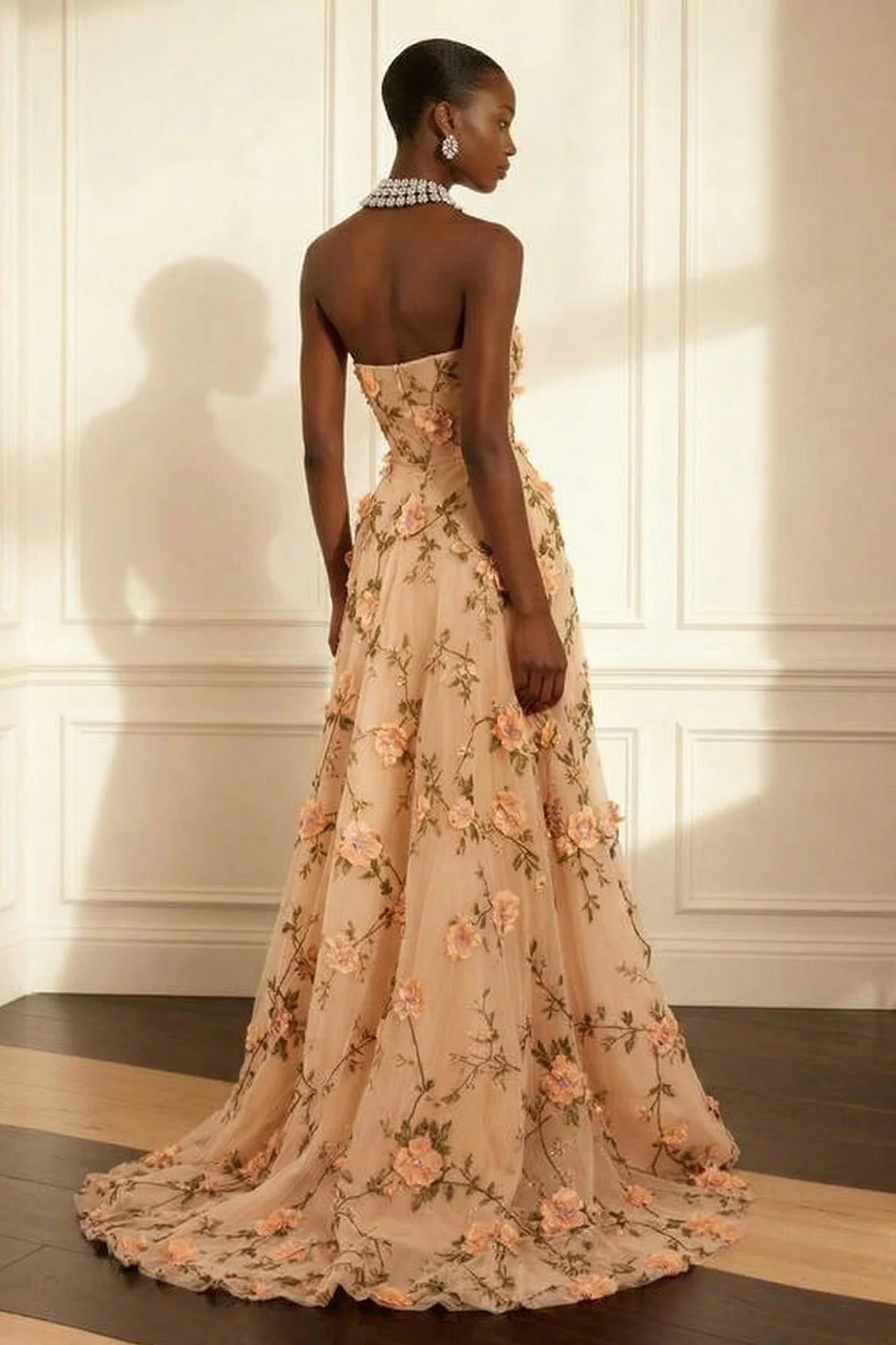 Purple Strapless Appliqued A-Line Long Prom Dress With 3D Flowers - Image 8