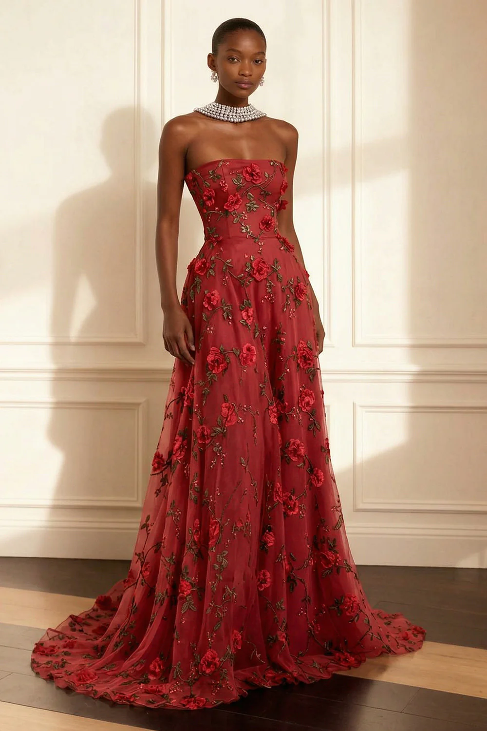 Purple Strapless Appliqued A-Line Long Prom Dress With 3D Flowers - Image 9