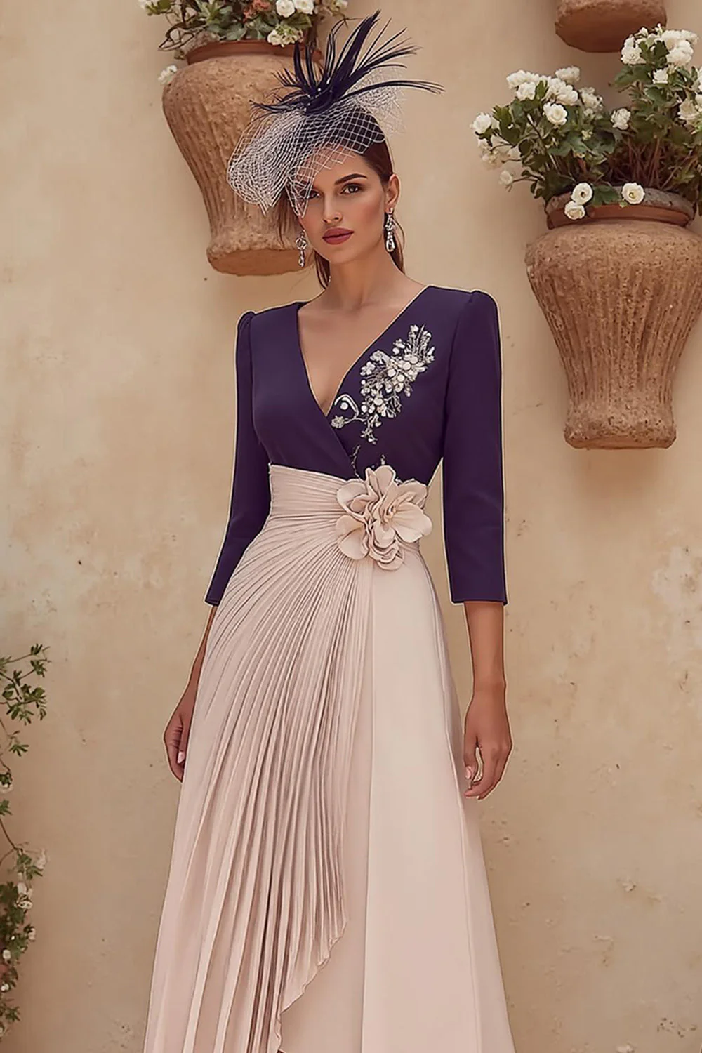 Purple V-Neck A-Line Midi Mother of the Bride Dress with 3D Flower - Image 2