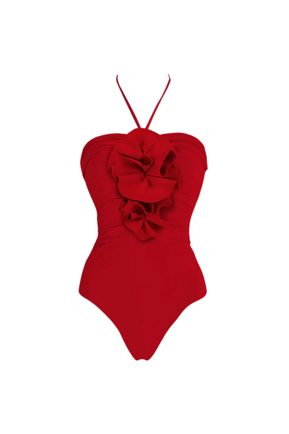 Red 2 Piece Halter 3D Flower Ruffled Swimsuit with Beach Dress - Image 2