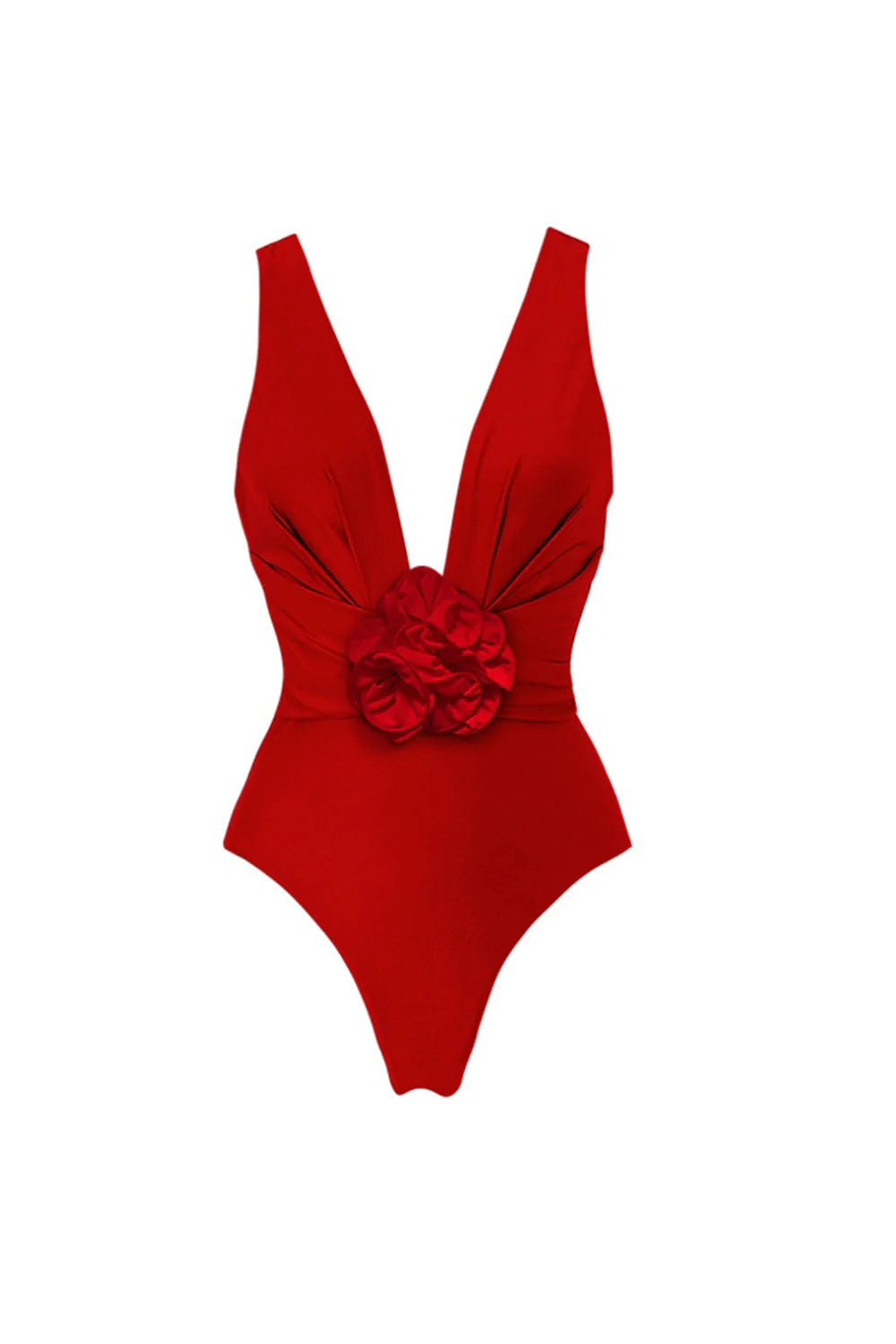 Red 2 Piece Ruffled V-Neck Swimsuit with Beach Dress - Image 2